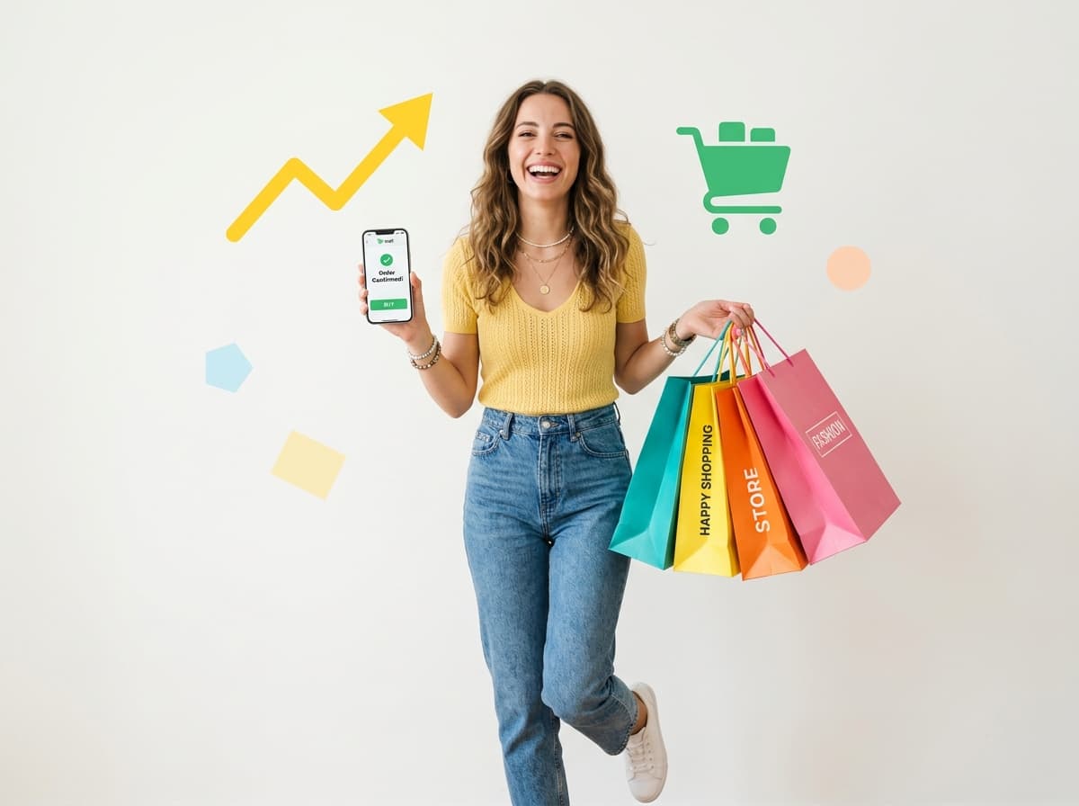 Happy shopper with bags and smartphone shopping on WhatsApp